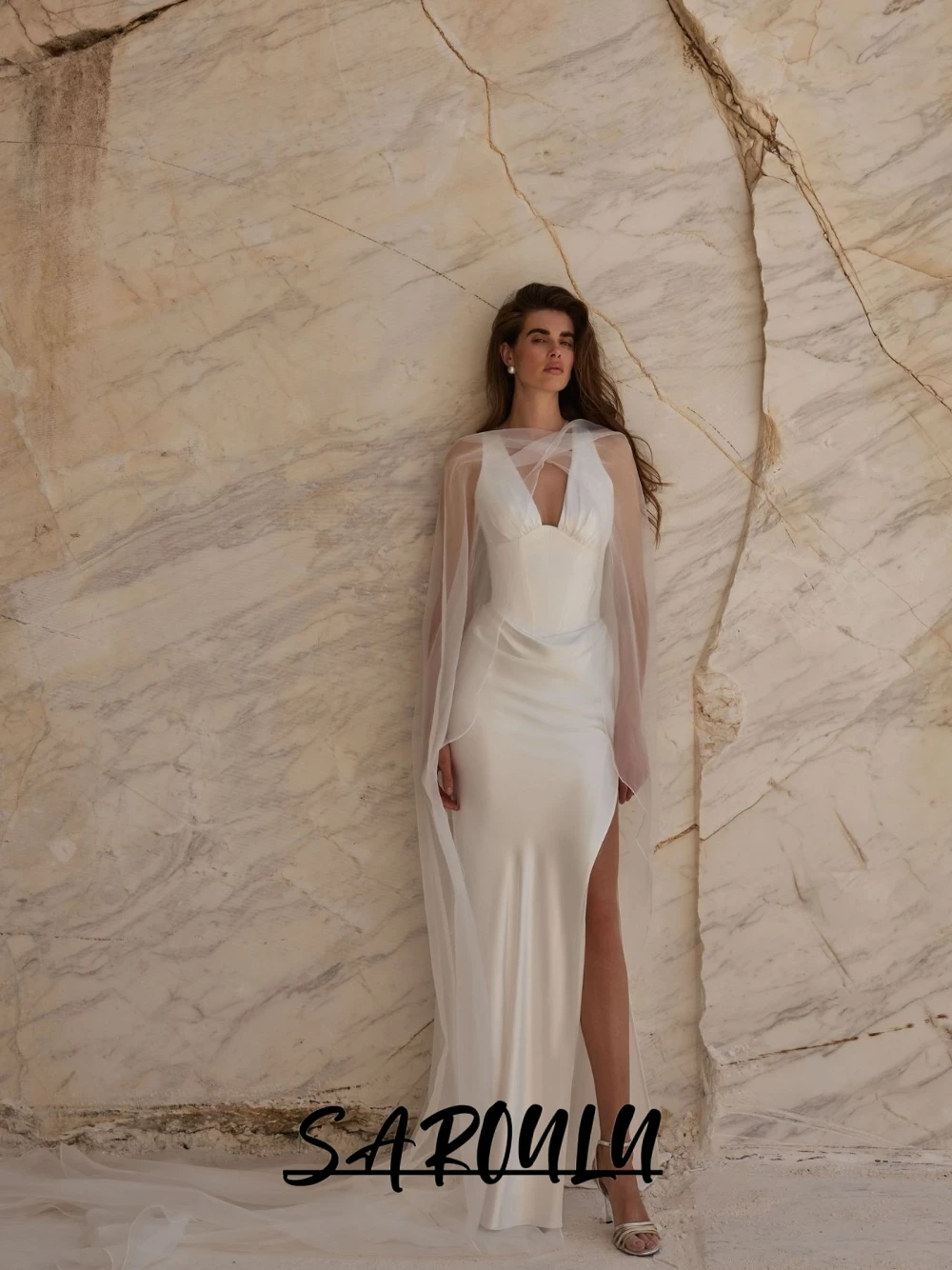 

2026 Minimalist Satin Wedding Dress, Sexy Deep V Neck Side Slit Beach Bride Wear, Customized Sheer Tulle Cape Bridal Gown