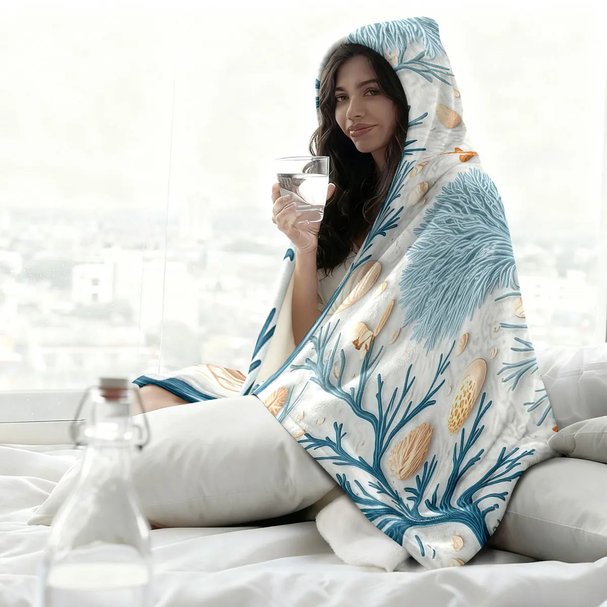 A flannel hoodie with a marine pattern featuring blue coral orange starfish shells blanket multiple sizes view 5