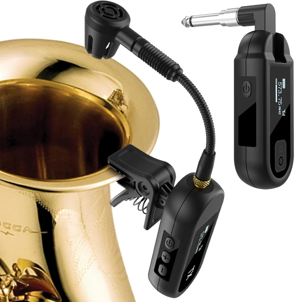 Sistema de Microfone Sem Fio para Saxofone, Microfone de Instrumento UHF Clip-On para Saxofone, Trompete e Instrumentos de Sopro, Baixa Latência para Apresentações ao Vivo e em Estúdio