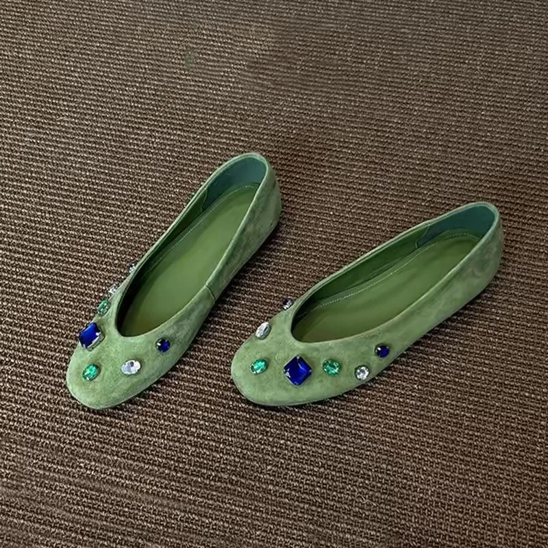 Formelle Kleider mit passenden Ballerinas aus Kunstleder, moosgrüne Slipper mit Strass-Einlage für Damen, Hochzeitsschuhe, flache Loafer für Damen