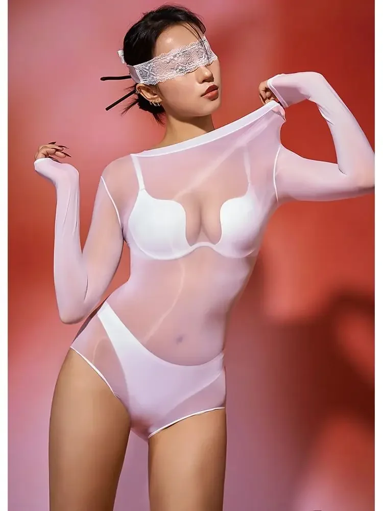 女性のためのシームレスな光沢のあるバストボディ,長袖ビキニ,ホットタイツ,セクシーなクラブウェア,透明な水着,ボディテディ