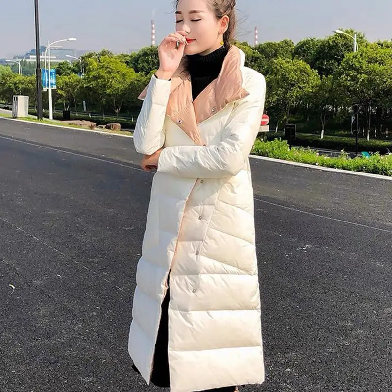 2023 New Women Down Jacket Winter Coat Female Mid-length Below Knees Parkas Thin Two Sided Loose Outwear Slim Simple Overcoat