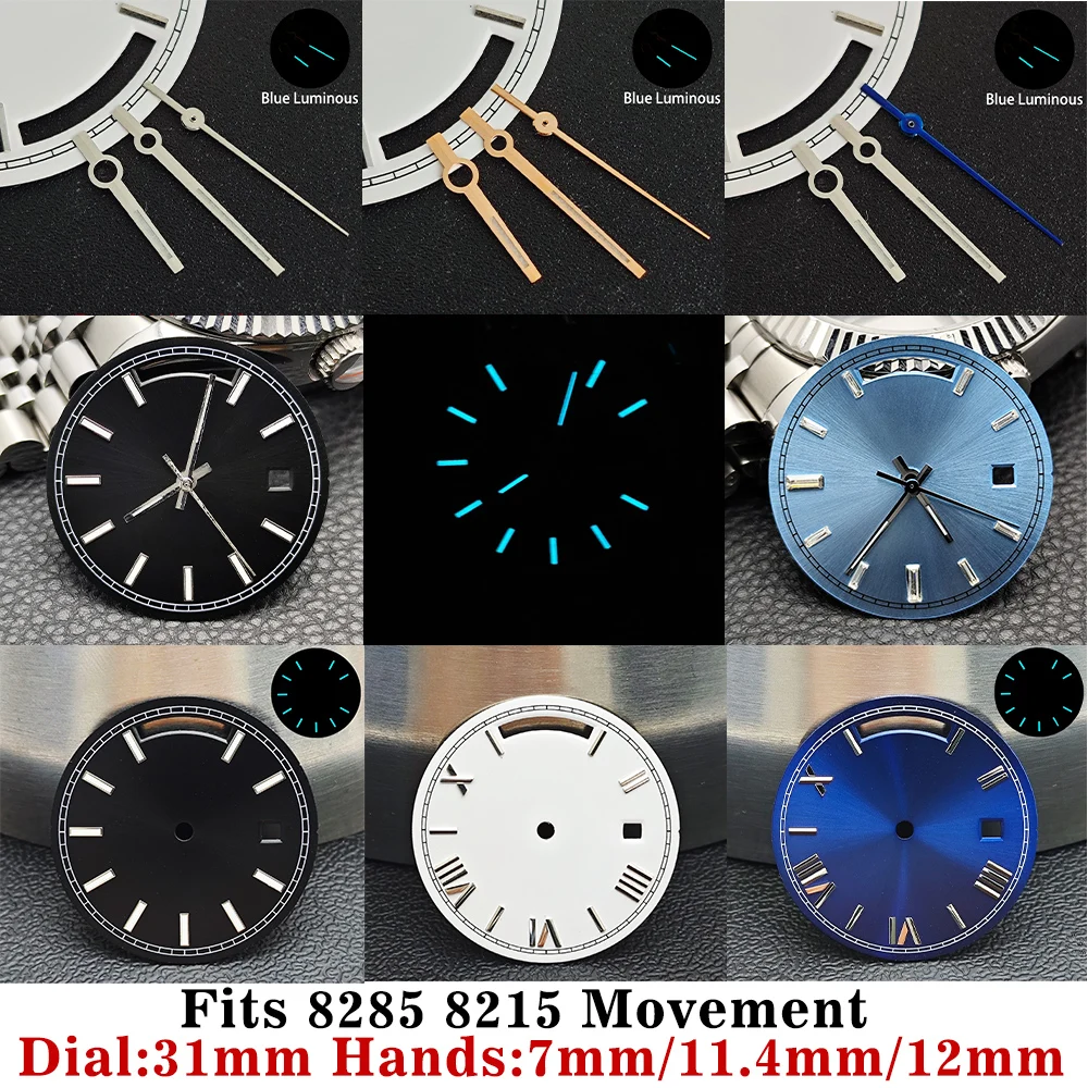 Lancette dell'orologio luminose blu di alta qualità con quadrante da 31 mm, adatte al movimento 8285/8215, quadrante 8285, accessori per orologi da uomo