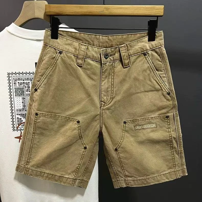 

Американская рабочая одежда цвета хаки в стиле ретро, мужские свободные прямые тонкие летние повседневные джинсы с пятью точками, широкие брюки со средней талией