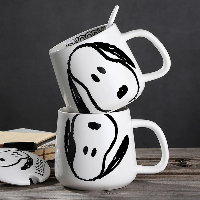 Kawaii Peanuts Snoopy Mug Cartoon Coffee Cup Mug with Lid Spoon High-Temperature Ceramics Cup Creative Trends Gift For Girls