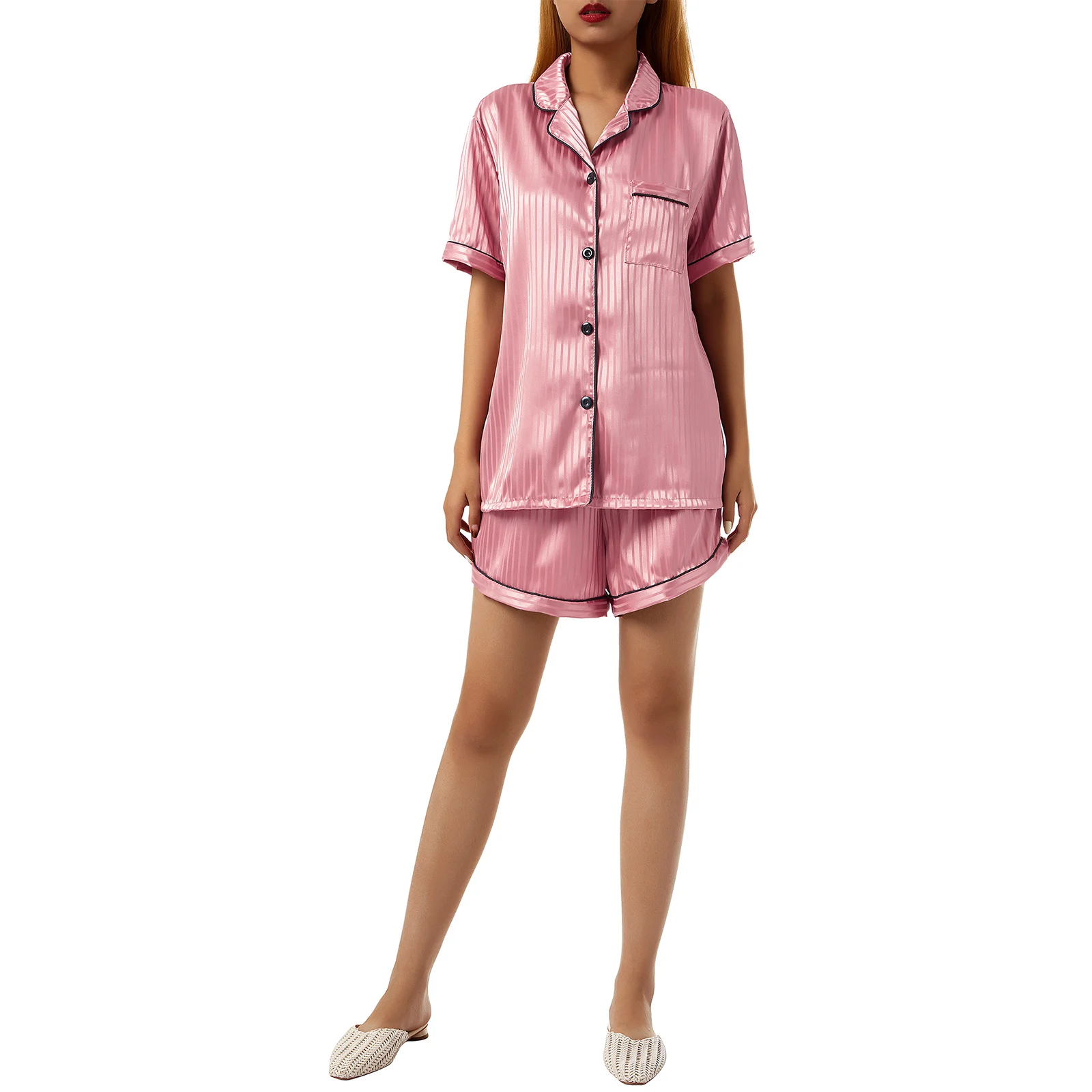 Casual Women Pajamas Set Short Sleeve Lapel Collar Buttoned Shirt Tops Elastic Waist Stripe Short Pants