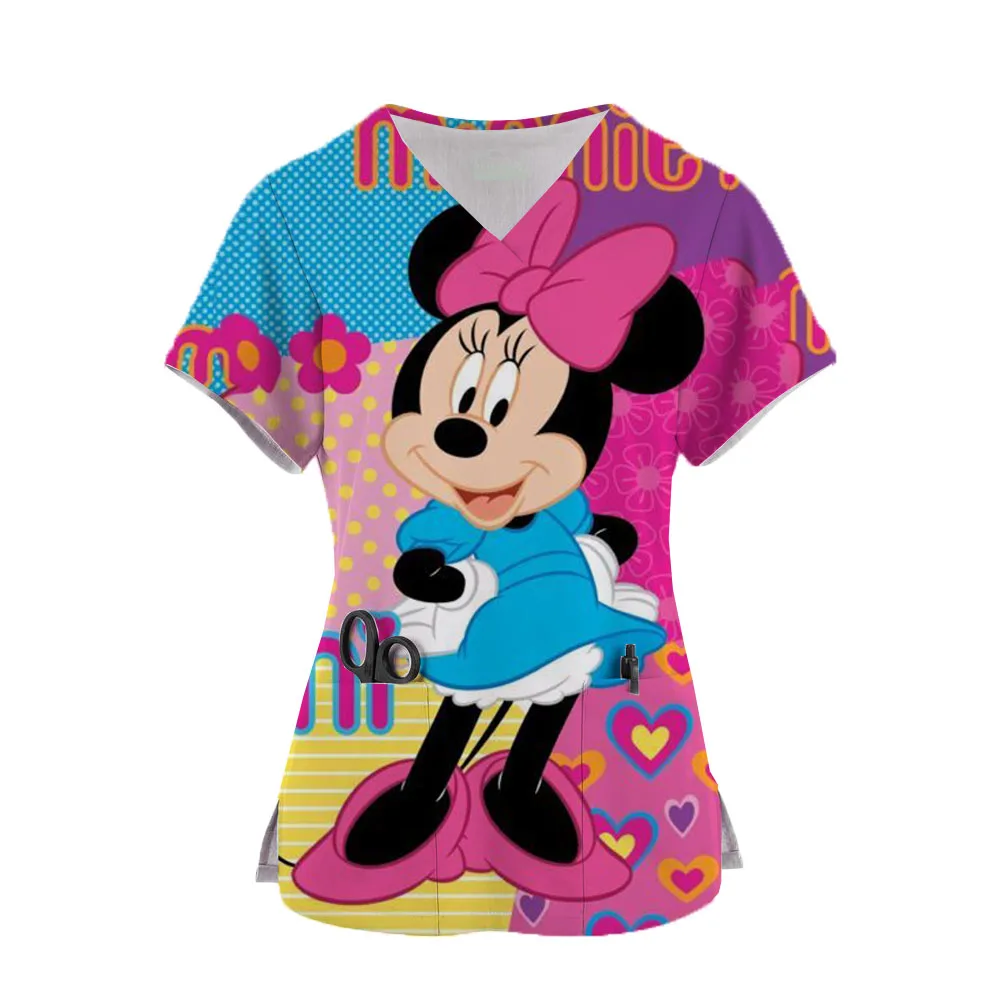 

Short Sleeve Tee Scrubs Uniform for Women Dentisit V-Neck Clothing Workwear Nursing Minnie Disney Cute Minnie Print Nurse Scrub