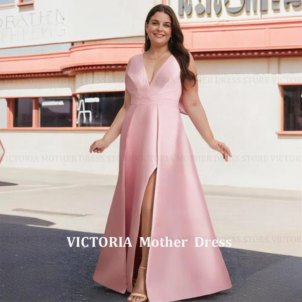 Customized Satin Plus Size Sexy Wedding Guest Gowns A-Line V-Neck Mother of the Bride/Groom Dress Front Slit Long Evening Gowns