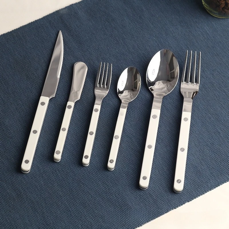 

"Stainless Steel Mirror Finish Cutlery Set - ABS Handle Butter Knife, Steak & Dessert Forks/Spoons, Plastic Grip