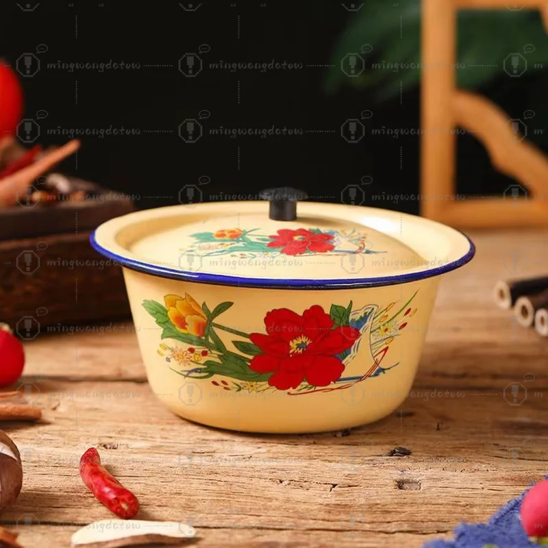 Food Storage Pot Enamel Basin Classic Vintage Enamel Cake Containers Bowl with Lid Asian Soup Salad Serving Bowl Yellow Lard Pot