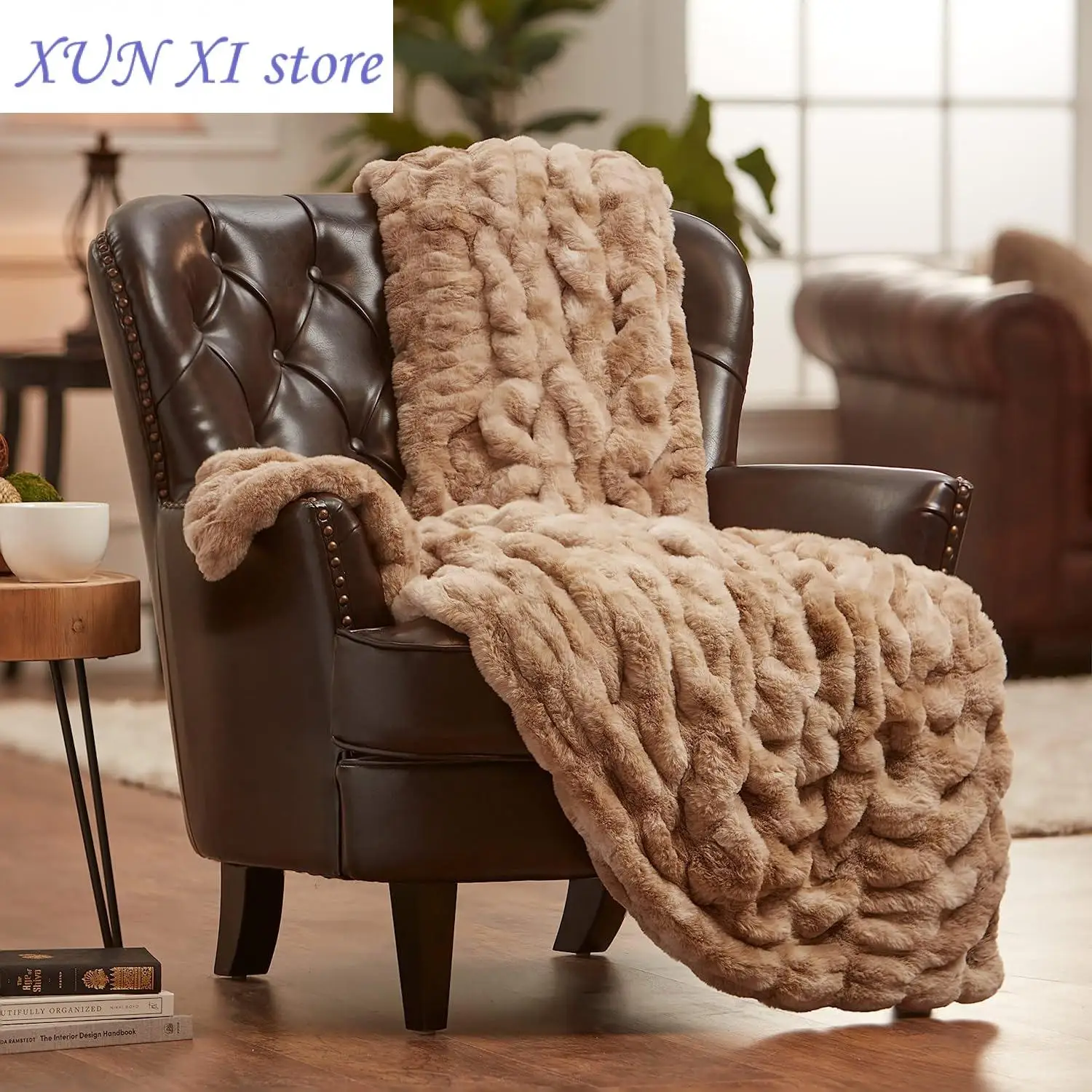 New Ruched Luxurious Soft Faux Fur Throw Blanket Fuzzy Plush with Reversible Mink Blanket for Sofa Bed Home Decor