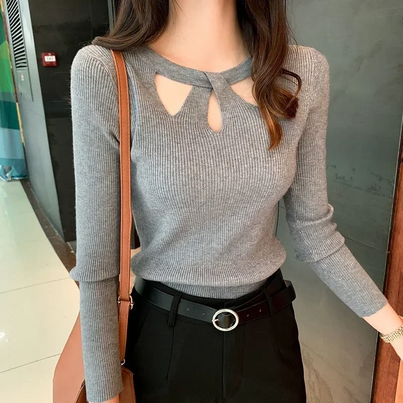 Women\'s O-neck Slim Stretch Sexy Pullover Hollow Solid Color Sweater Slim Bottoming Shirt Sweater Ladies New Autumn Winter 16639