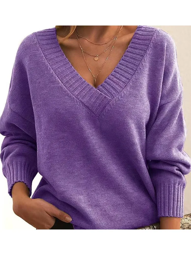 

Casual Basic Knitting Pullover For Woman Fashion Solid Color V-neck Long Sleeves Loose Sweater Ladies Autumn Winter Sweaters