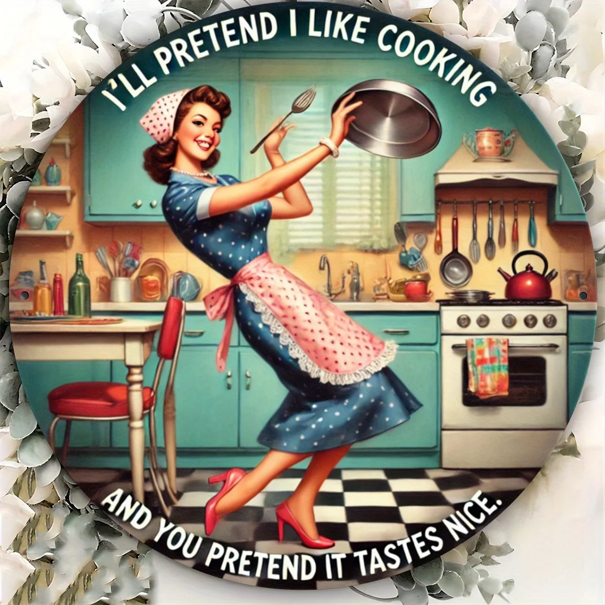 7.8 × 7.8 بوصة (20 × 20 سم) لافتة معدنية مستديرة مطبوعة مسطحة ثنائية الأبعاد - قواعد المطبخ - ديكور فني جداري من الحديد المطاوع العتيق للمنزل، R #3