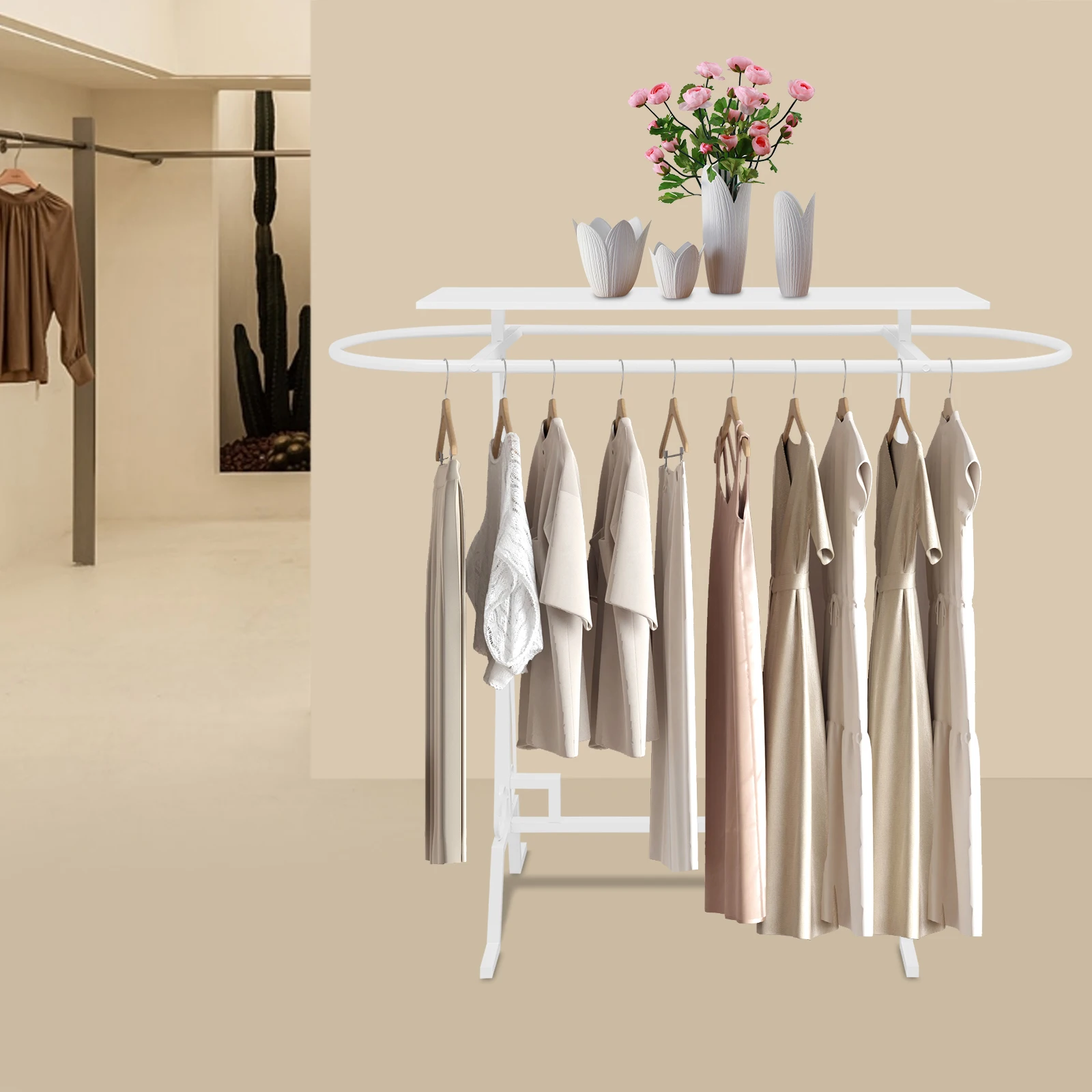 رف ملابس حديث 2 في 1 مع رف، رف ملابس أبيض قائم بذاته مع شماعة بيضاوية ولوحة تخزين لغرفة النوم والمنزل والمتجر