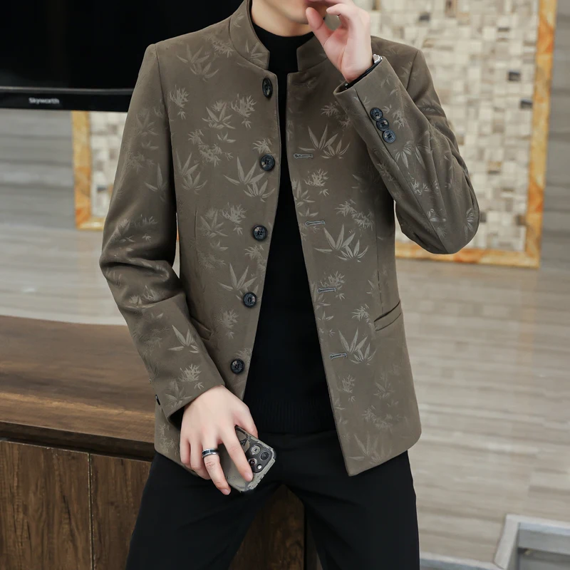 2024 Autumn Winter Stand Collar Jacket Man Chinese Style Business Casual Outwear Fashion Slim Fit Versatile Social Men Clothing