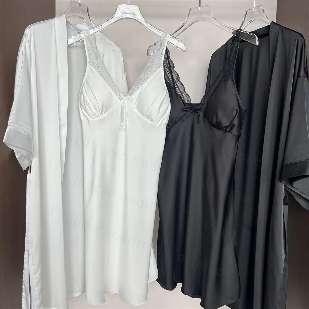 Bride Wedding Dress Set Women Elegant Nightgown Sexy Lace Trim Bow Sling Nighty&robe Suit Spring Autumn New Kimono Bathrobe