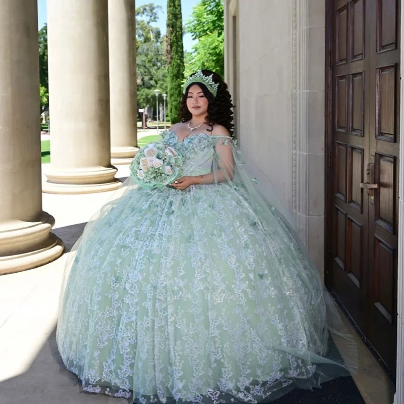 

Shiny mint green Quinceanera Dress off-shoulder glitter flower Decal Long tail vestidos de 15 Quinceanera ﻿Customize