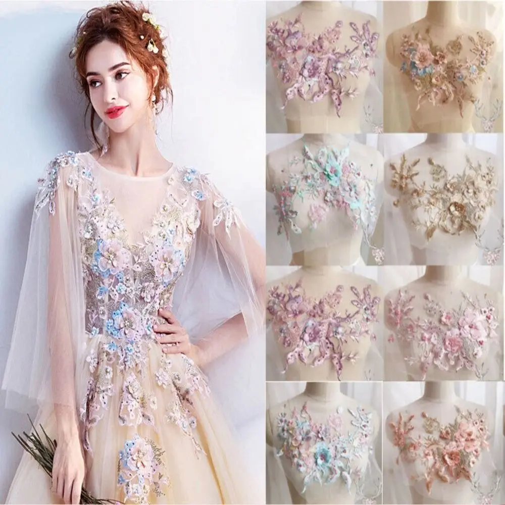 3D Dress Applique Beaded Tulle Pearl DIY Flower Wedding Lace Embroidery Bridal