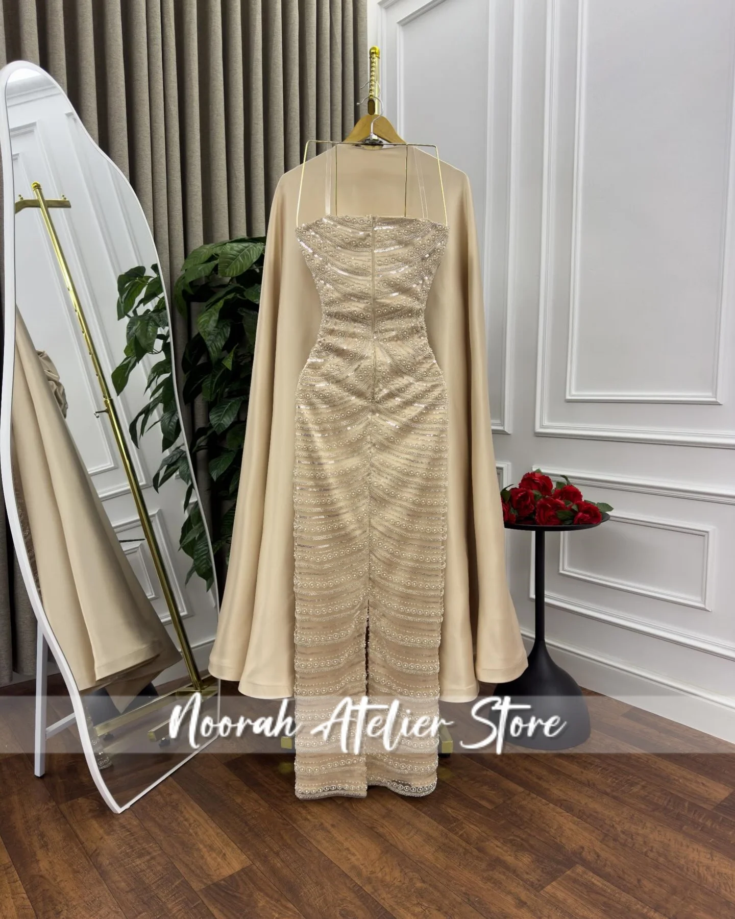 Aangepaste champagne parels kralen strapless Saoedi-Arabië luxe avondjurken met jas 2025, trouwjurk, formele kleding