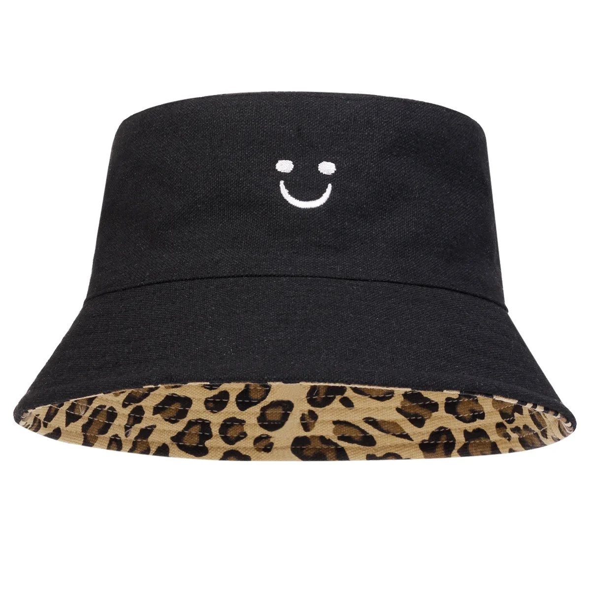 Unisex Smiling Leopard Print Double-Sided Bucket Hats Fishermen Caps Outdoor Casual Cap Sunscreen Hat