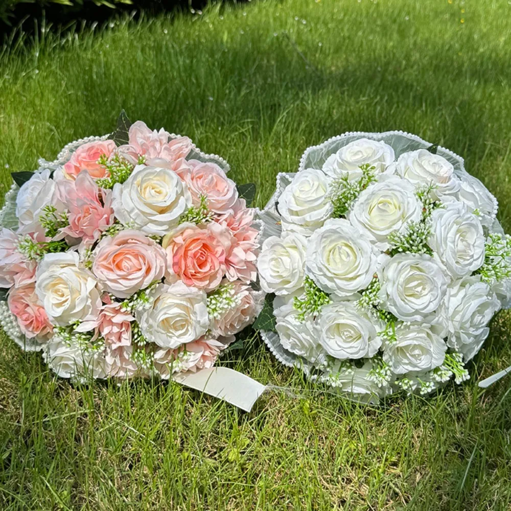 Buquê de noiva em cascata de flores artificiais, 1 peça, para cerimônia de casamento, aniversário, buquê de arco aparado de pérolas, flores artificiais