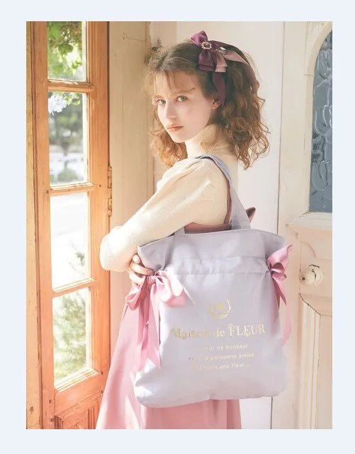 Japanese Ribbon Bowknot Portable Shoulder Bag for Women Lolita Sweet Silk Ribbon Cute Girl Bags Tote Buggy Bag A4 Can Use