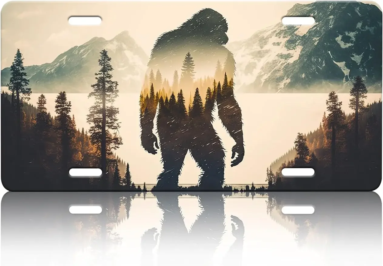 Funny Bigfoot License Plate Cover Mountain Landscape Forest License Plate Car Decoration Accessory License Plate 6 X 12 Inch