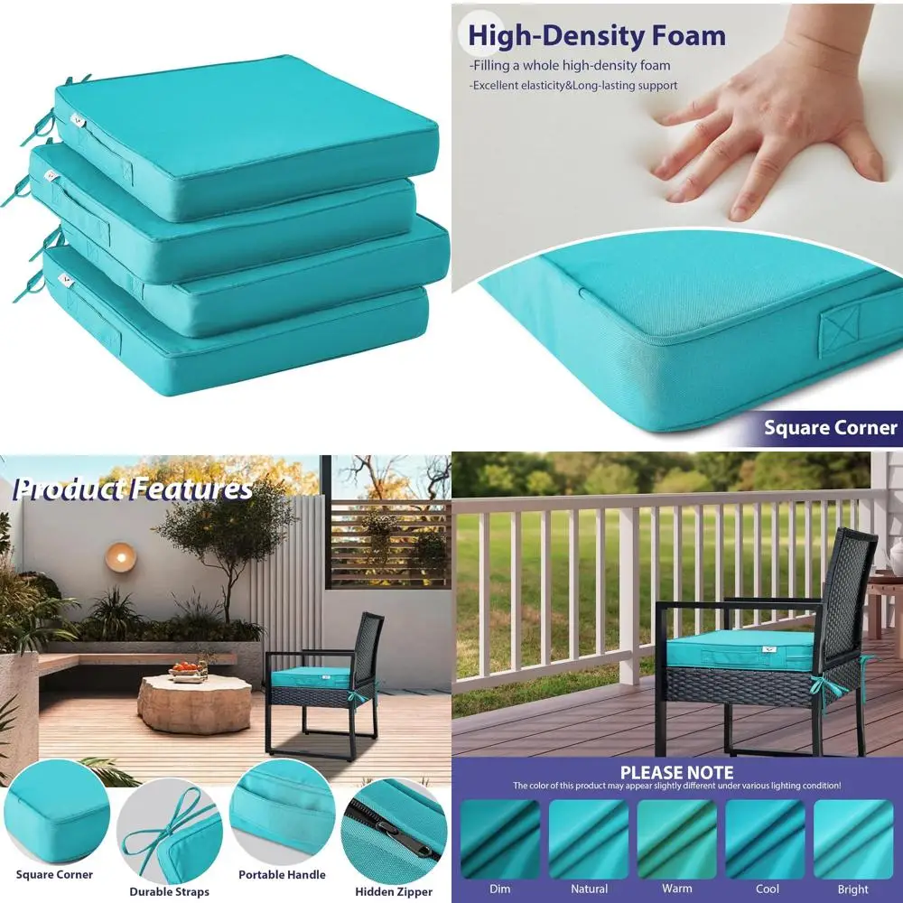 

Set of 4 Waterproof Patio Chair Cushions, 19x19x3 Square Seat Pads with Handles and Ties, Teal