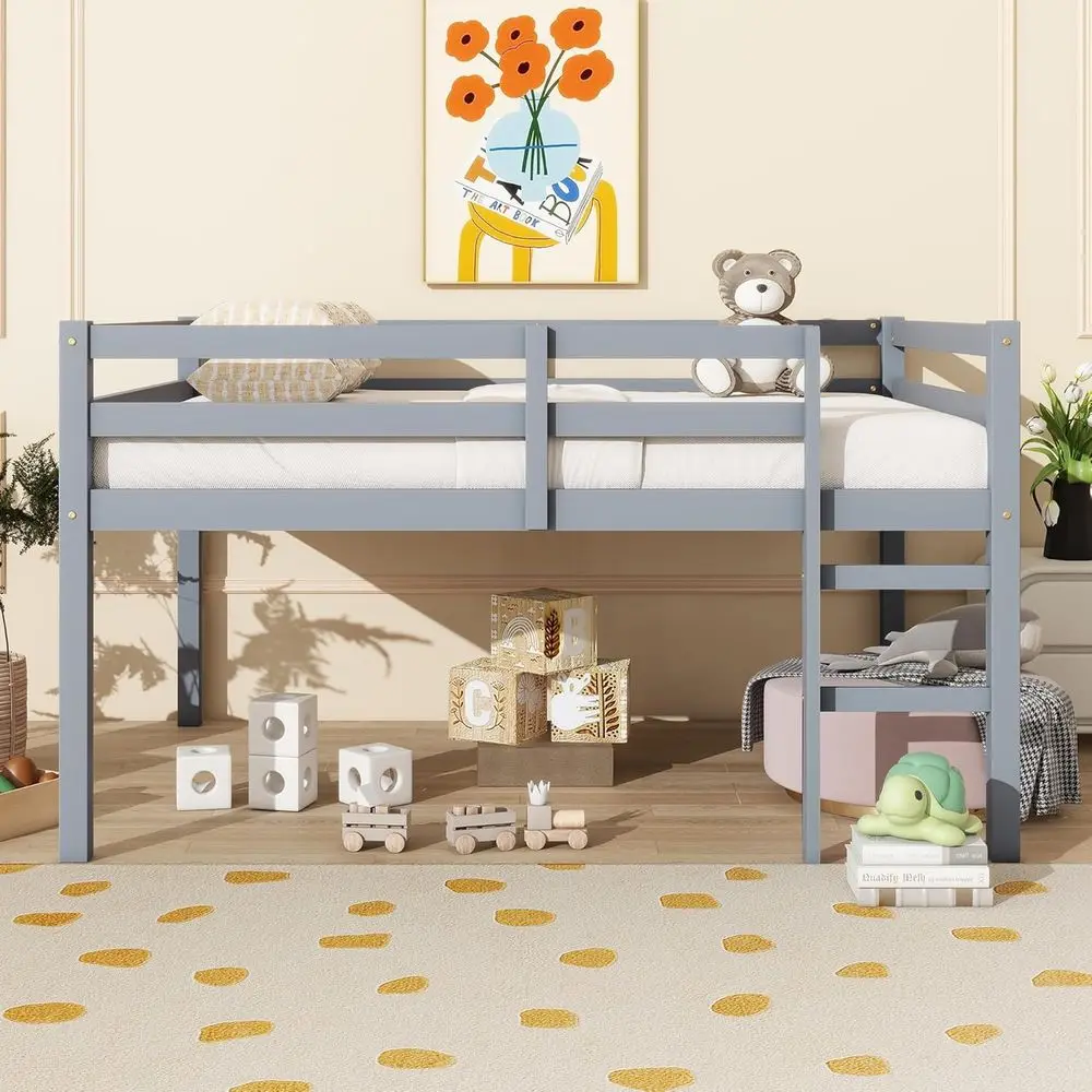 

Low Loft Bed with Underbed Storage and Built-in Ladder, Grey, Suitable for Kids and Teens