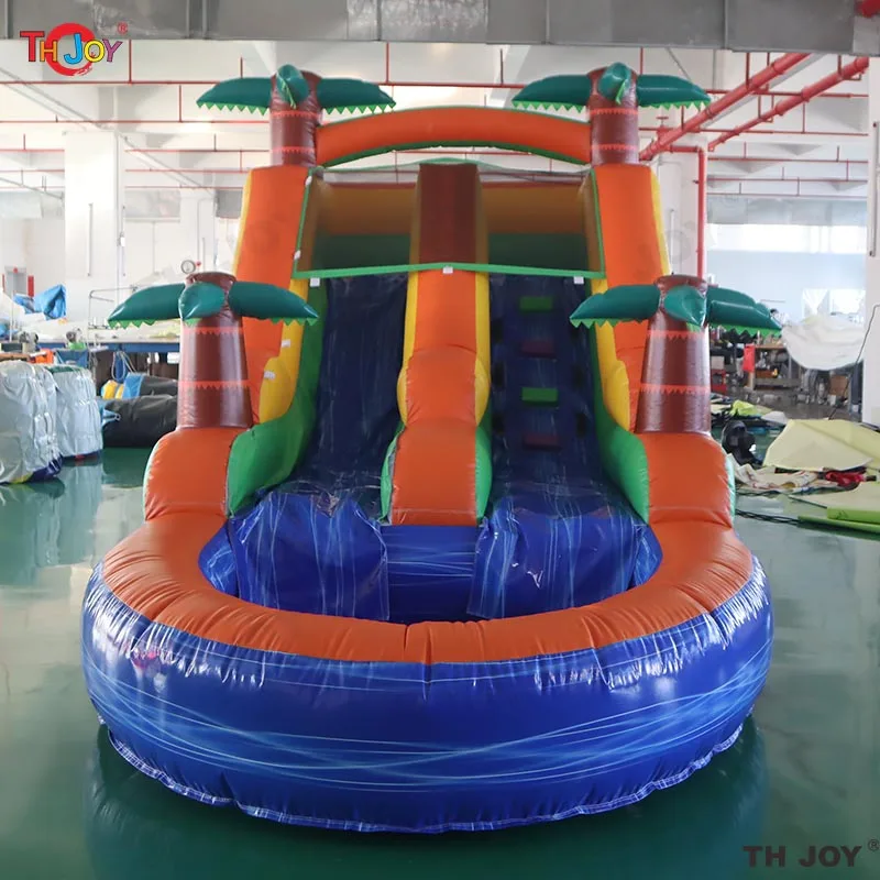 Komercyjna, dmuchana zjeżdżalnia wodna dla dzieci w kształcie palmy z PVC, długość 6 metrów, z basenem do zabawy na podwórku.