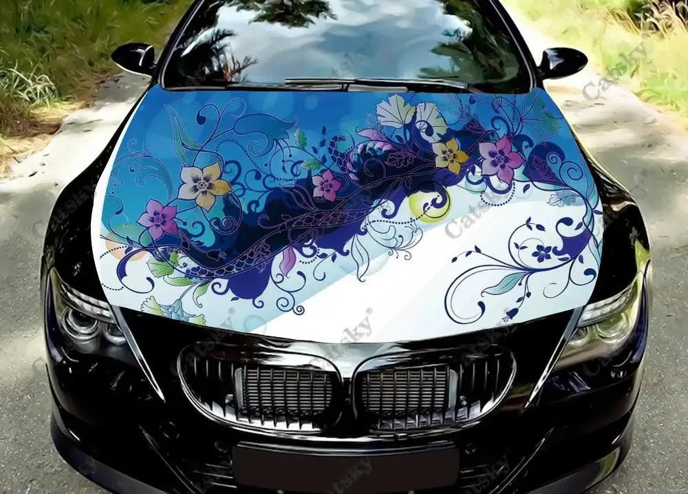 

Abstract art blue flowers Car Sticker Hood Vinyl Wrap Vinyl Film Engine Cover Decals Sticker Universal Car Hood Protective Film