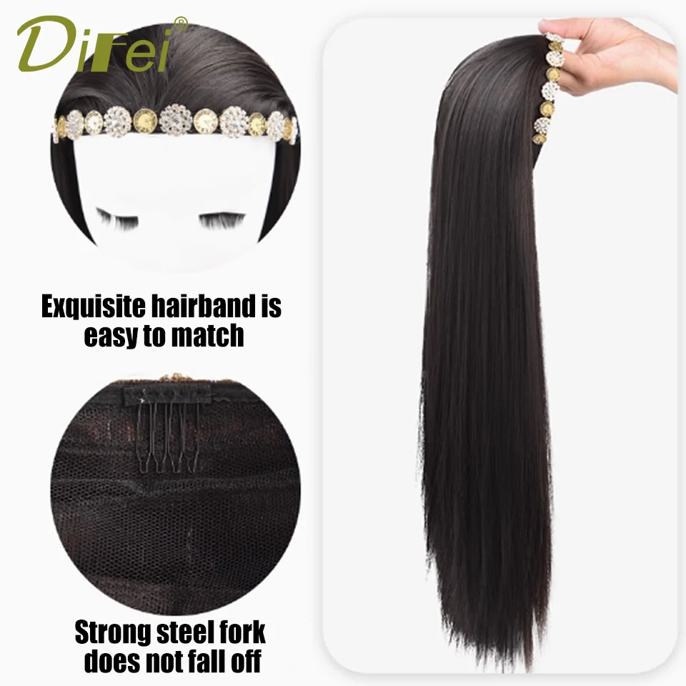 DIFEI Synthetic Wig Female Hairband Wig One-piece Long Straight Hair Classical Natural Long Straight Hair Half Head Hairband Wig