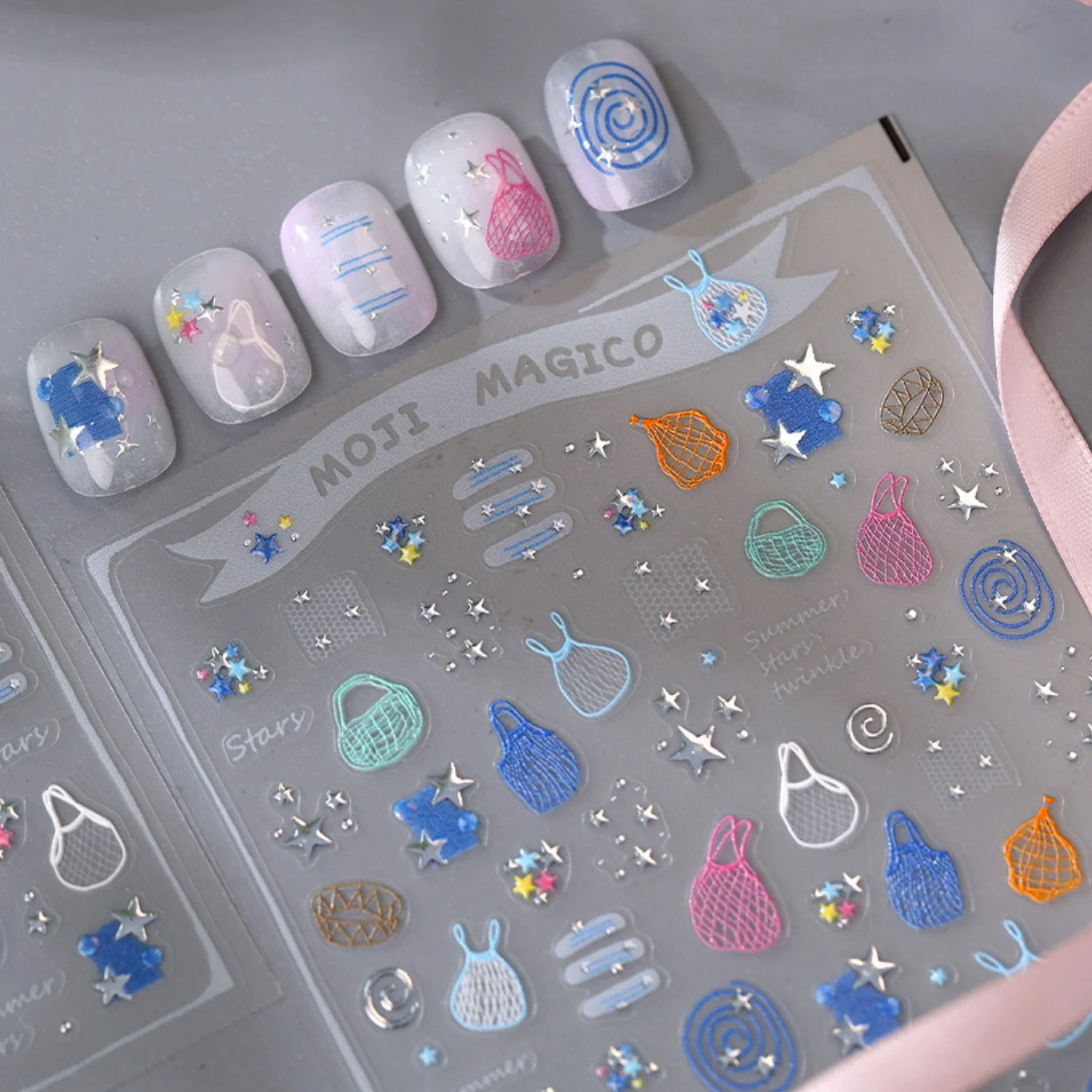 Macaron Mesh Bag 5D Nail Stickers Hollow Shopping Pouch Swirl Spiral Four Star Summer Curve Line Decal Self Adhesive Manicure
