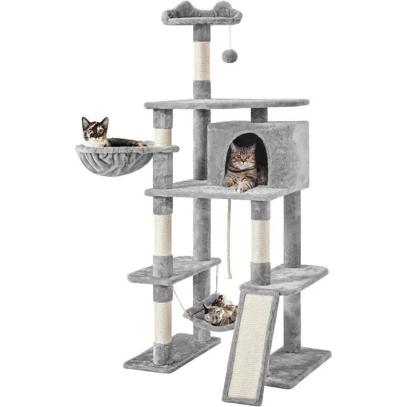 70 inches Stable Cat Tree with Padded Platform, Replaceable Dangling Balls, Hammock, Basket and Condo, Cat Tower Furniture