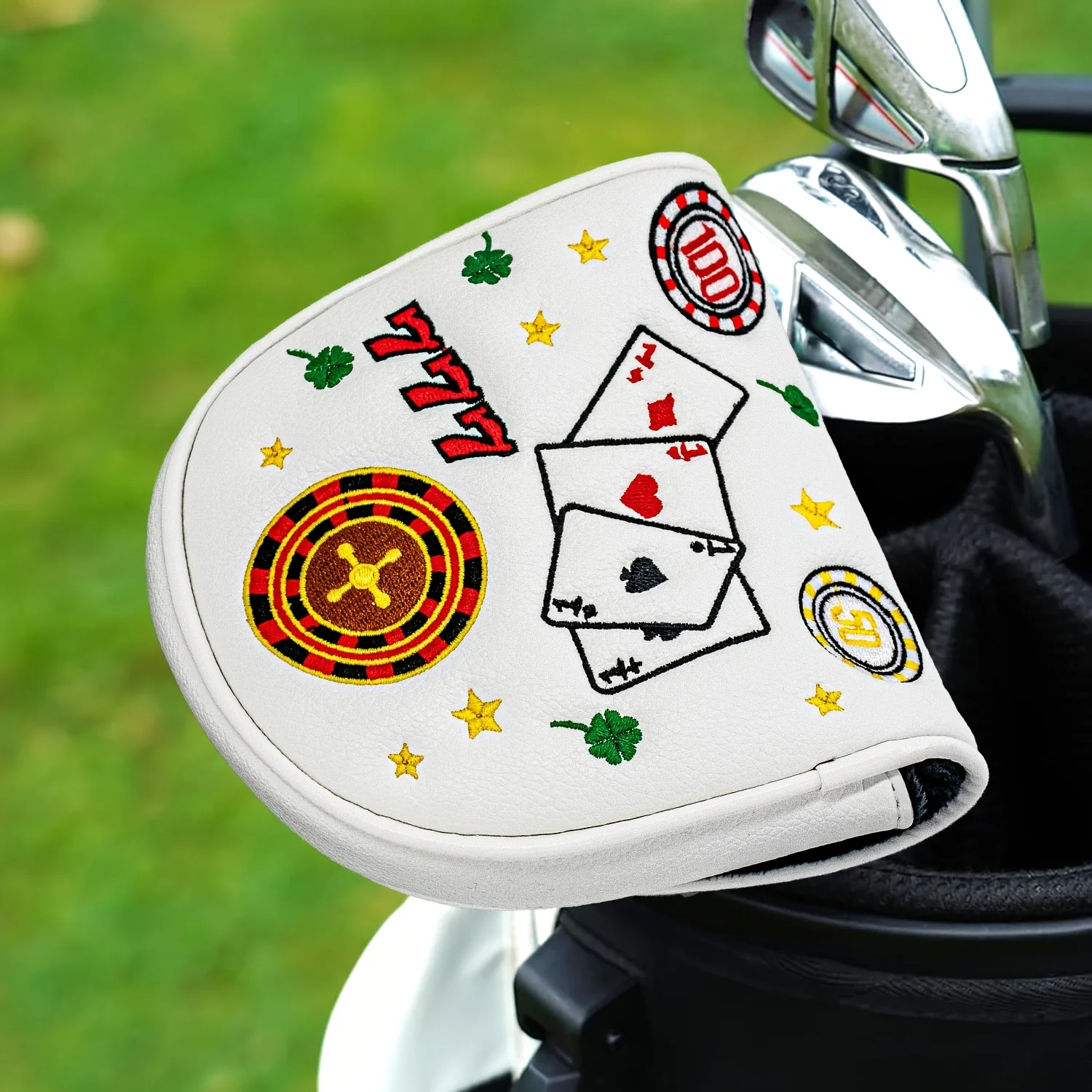 1pc Playing Card Pattern Golf Club Head Cover, Semi-Circular Mallet Golf Putter Cover, PU Material Putter Cover with Embroidery image 2