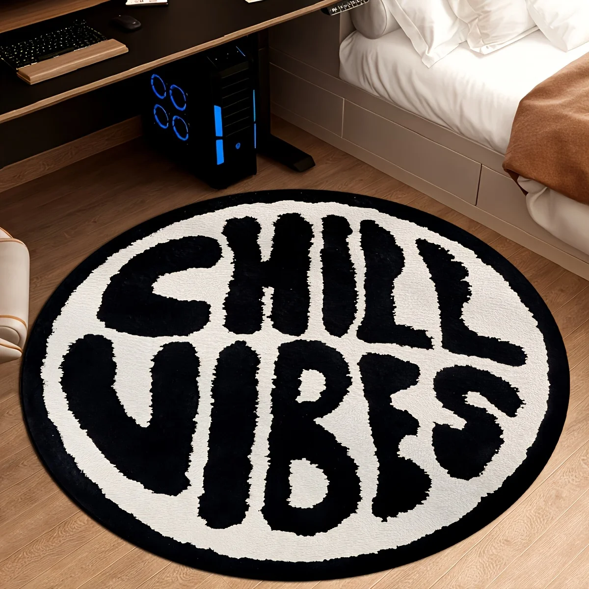 Chill Vibes Black White Typography Round Rug Cool Trendy Flannel Mat Teen Room Gamer Setup Dorm Decor Relaxation Zone Statement