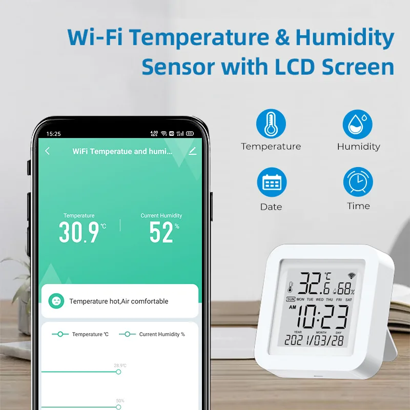 Termometer Tuya Digital cerdas, WIFI Sensor Kelembaban Suhu nirkabel dalam ruangan USB Power elektronik termometer basah kering tampilan Digital cerdas