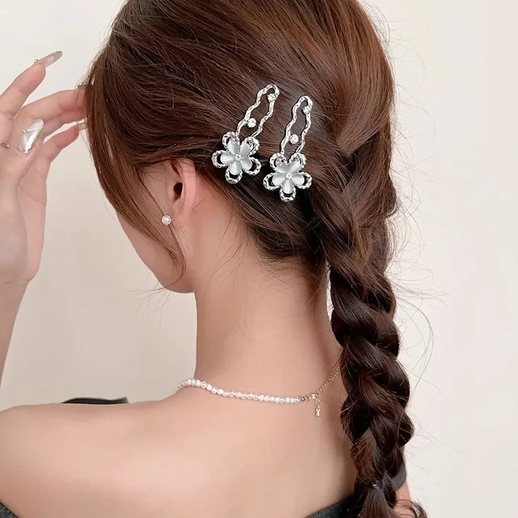 6pcs Elegant Luxury Irregular Ripple Metal Hair Clip Imitation Cat's Eye Butterfly Flower Duckbill Clip Retro Women's Side Clip