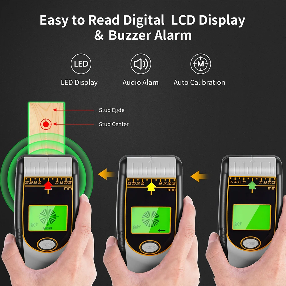 Stud Finder with Backlit LCD Screen Tri Color LED Indicators and Audible Alarm for Wood Joist Metal Pipe Live Wire Detection