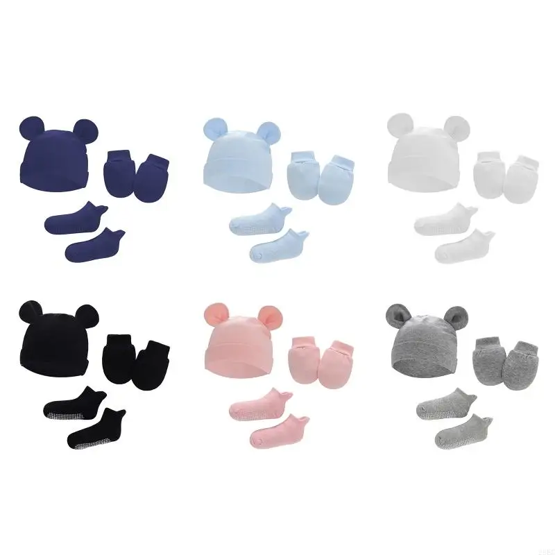 28EC 1 Set Baby Anti Scratching Gloves Tail Knot Hat Foot Cover Set Soft Cotton Newborn No Scratch Mittens Socks