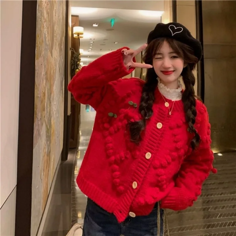 Autumn Winter Women Stylish 3D Cherry Cute Sweet Chic Single Breasted Knitted Cardigan Y2K Casual Long Sleeve Slim Sweater Coat