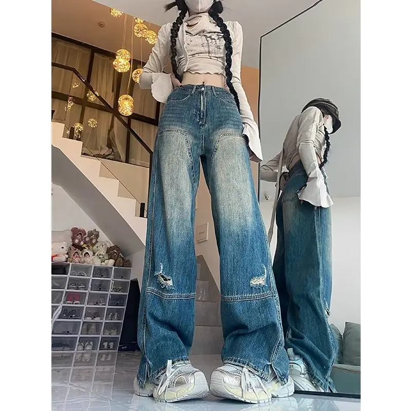 Y2K Style Jeans Women's New Niche Loose Jeans Retro Retro Tooling Straight High-Waisted Trousers Split-Hole Pants