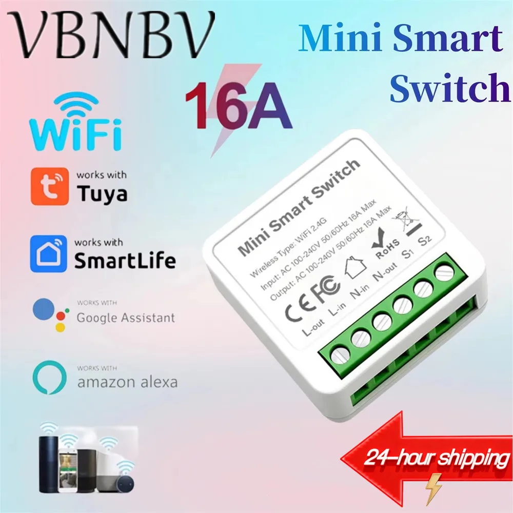 

VBNBV Tuya Mini 16A WiFi Switch Smart Life App 2 Way Control Smart Home Automation Module Interruptor Work for Alexa Google Home