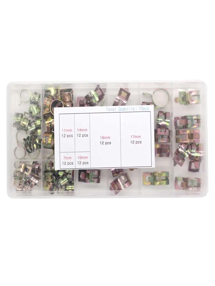 Spring Hose Clamps Assortment Kit 72Pcs Galvanized Spring Hose Clamp Inner Dia 7-17mm Elastic Steel Buckle Water Pipe Clamps