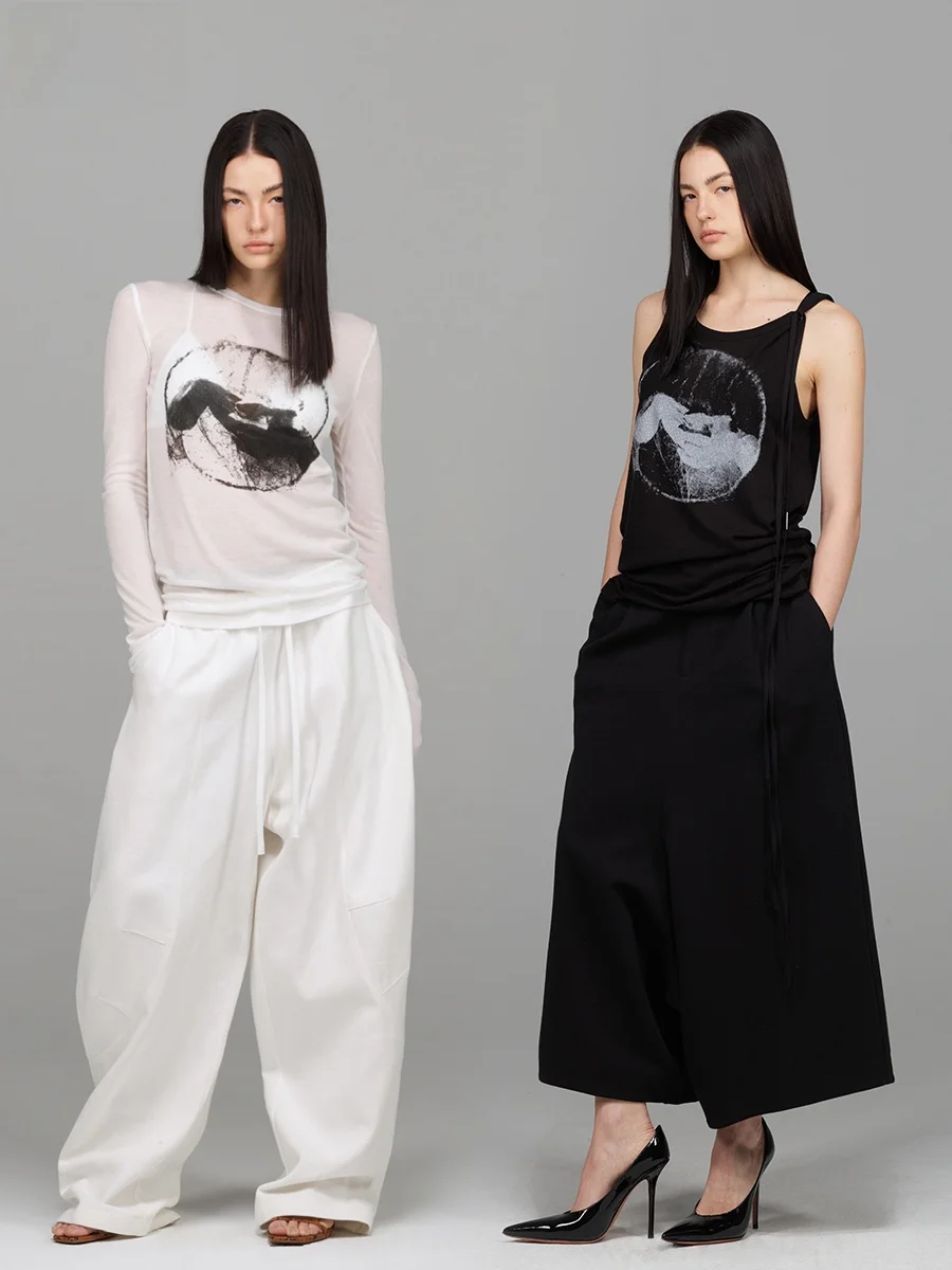 

ACSENSE STUDIO k Chic Print Tee Vest Series Women's Original Design Printed Vest Top Thin Medium Length Spring Summ...