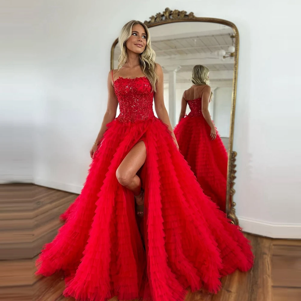 สายสปาเก็ตตี้Tulleพรหมชุดเซ็กซี่สูงเลื่อมลูกไม้ชุดราตรีอย่างเป็นทางการสําหรับโอกาสพิเศษ,ชุดปาร์ตี้สตรี