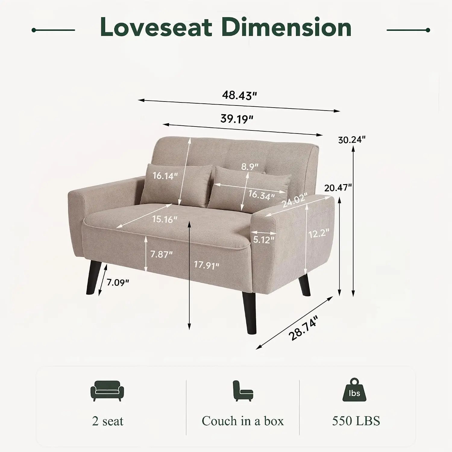 Small Loveseat Sofa Mid Century Modern Back Cushions Plastic Legs 2 Seater Living Room Bedroom Small Spaces, Customized