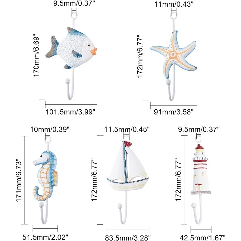 5PCS 5 Sizes Sea Horse Fish Starfish Sailboat Beacon Shape Wall Hooks Mediterranean Style Composite Wood Wall Hooks