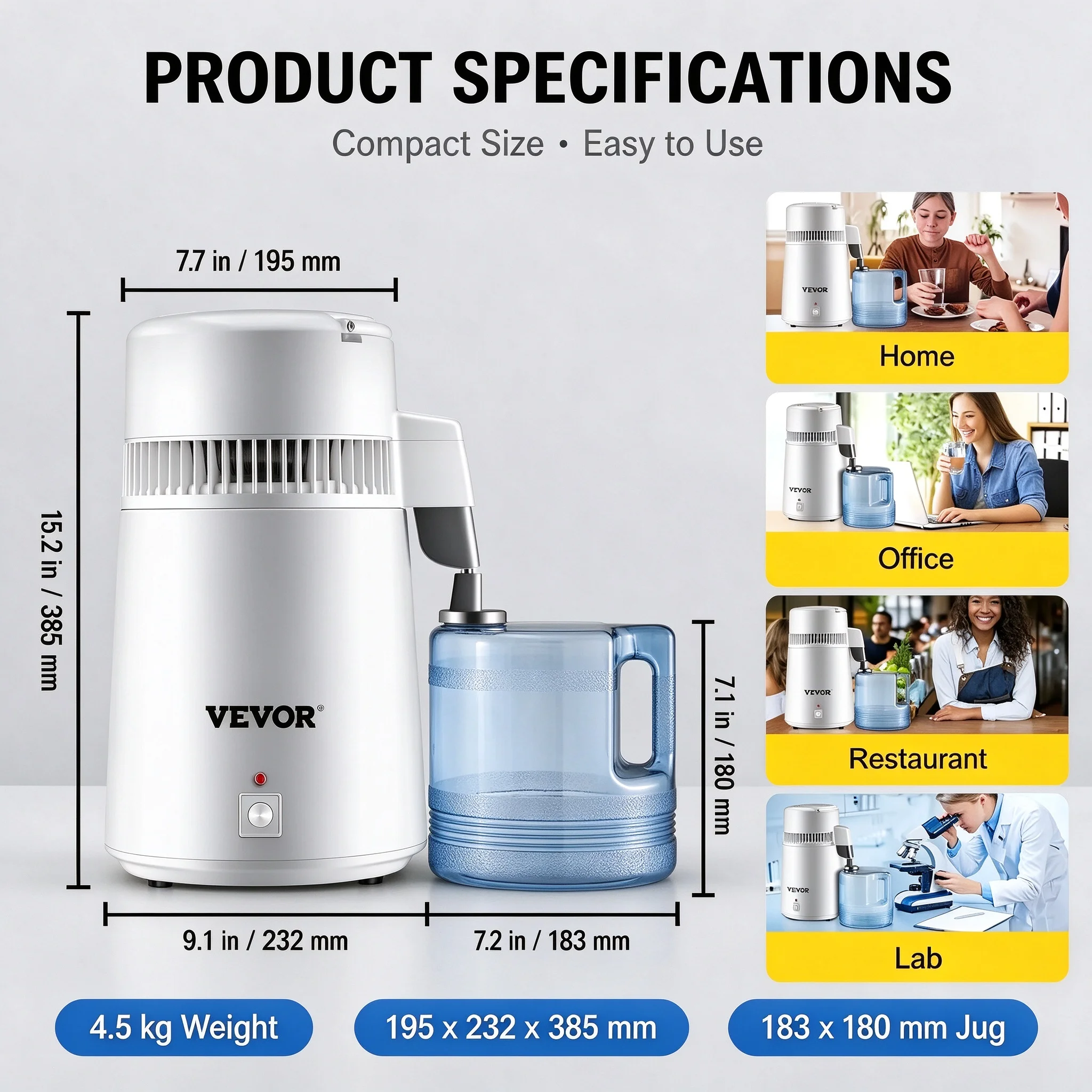 SIHAO 4L Home Water Distiller 304 Stainless Steel Countertop Water Purifier Filter Machine Protection for Clean Drinking Water